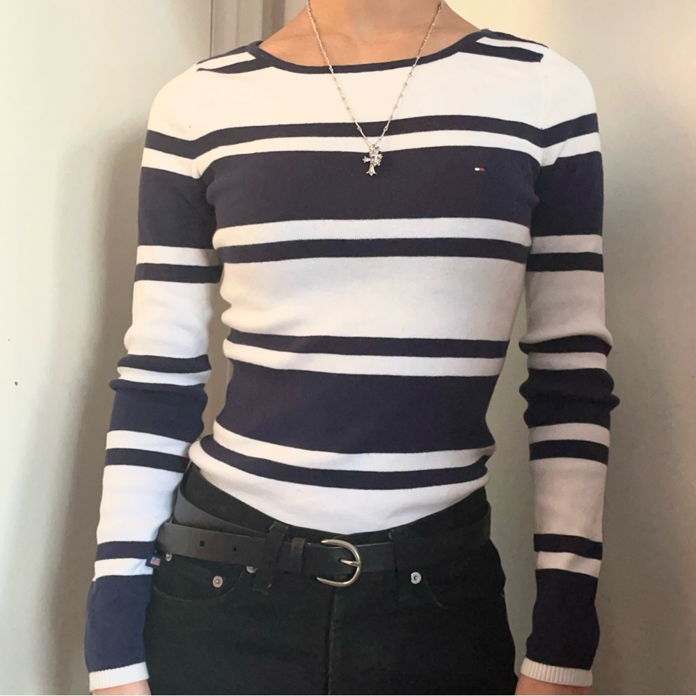 Tommy Hilfiger 100% Cotton Navy & White Striped Long Sleeve Top